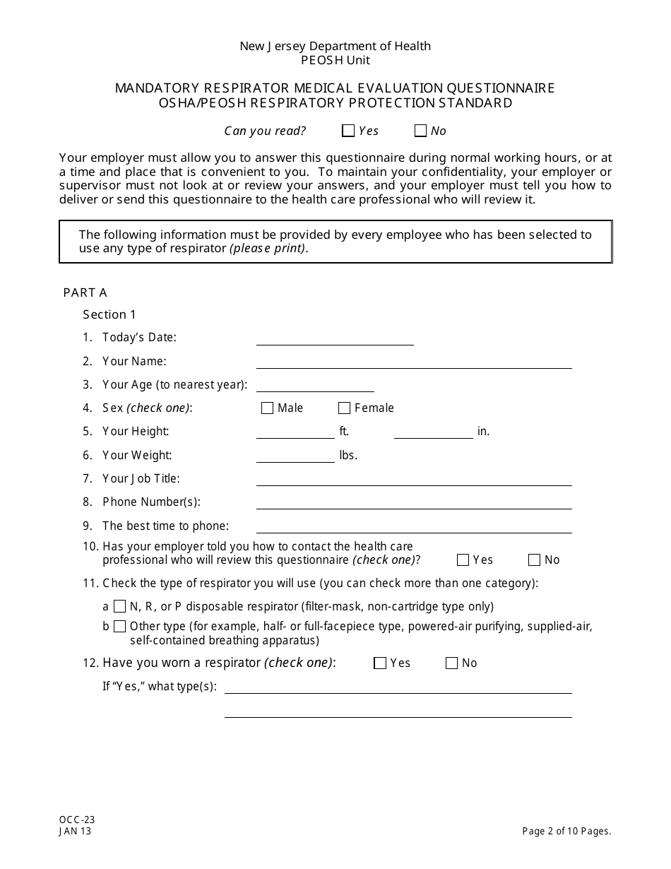 Form OCC-23 Peosh Mandatory Respirator Medical Evaluation Questionnaire - New Jersey, Page 2