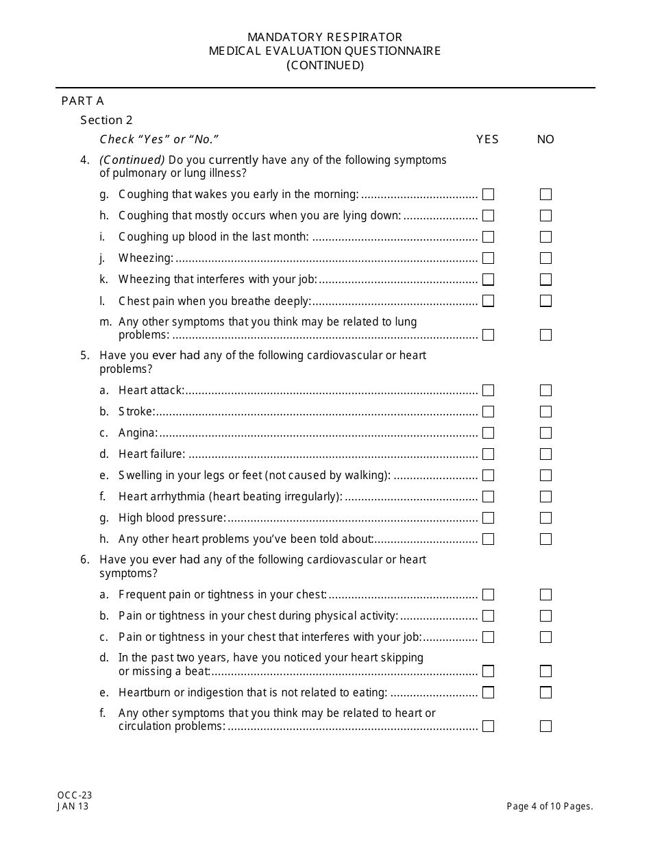 Form OCC-23 Peosh Mandatory Respirator Medical Evaluation Questionnaire - New Jersey, Page 4