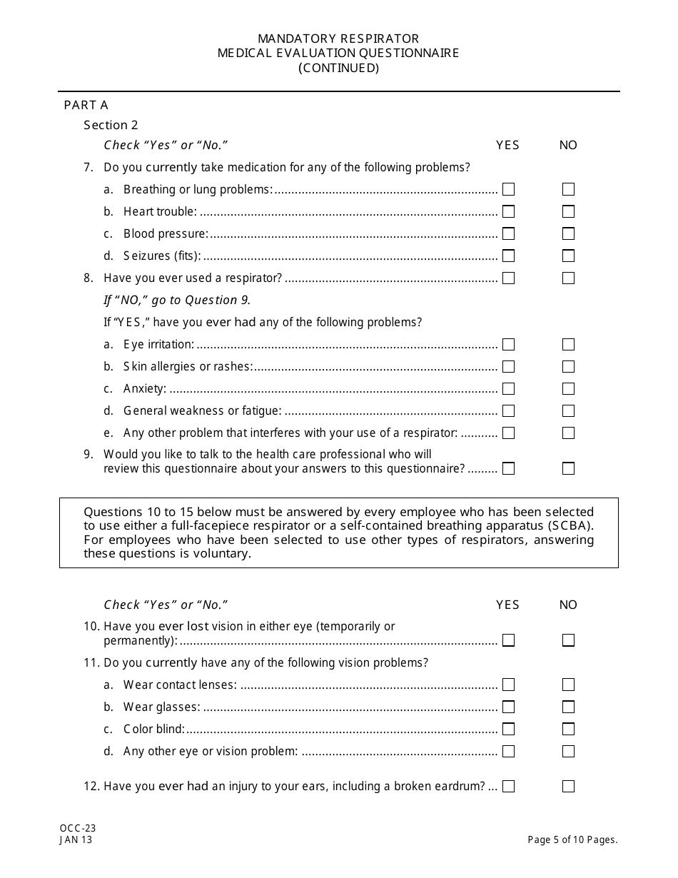 Form OCC-23 Peosh Mandatory Respirator Medical Evaluation Questionnaire - New Jersey, Page 5