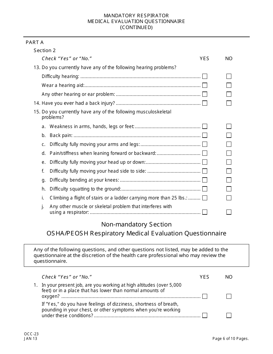 Form OCC-23 Peosh Mandatory Respirator Medical Evaluation Questionnaire - New Jersey, Page 6