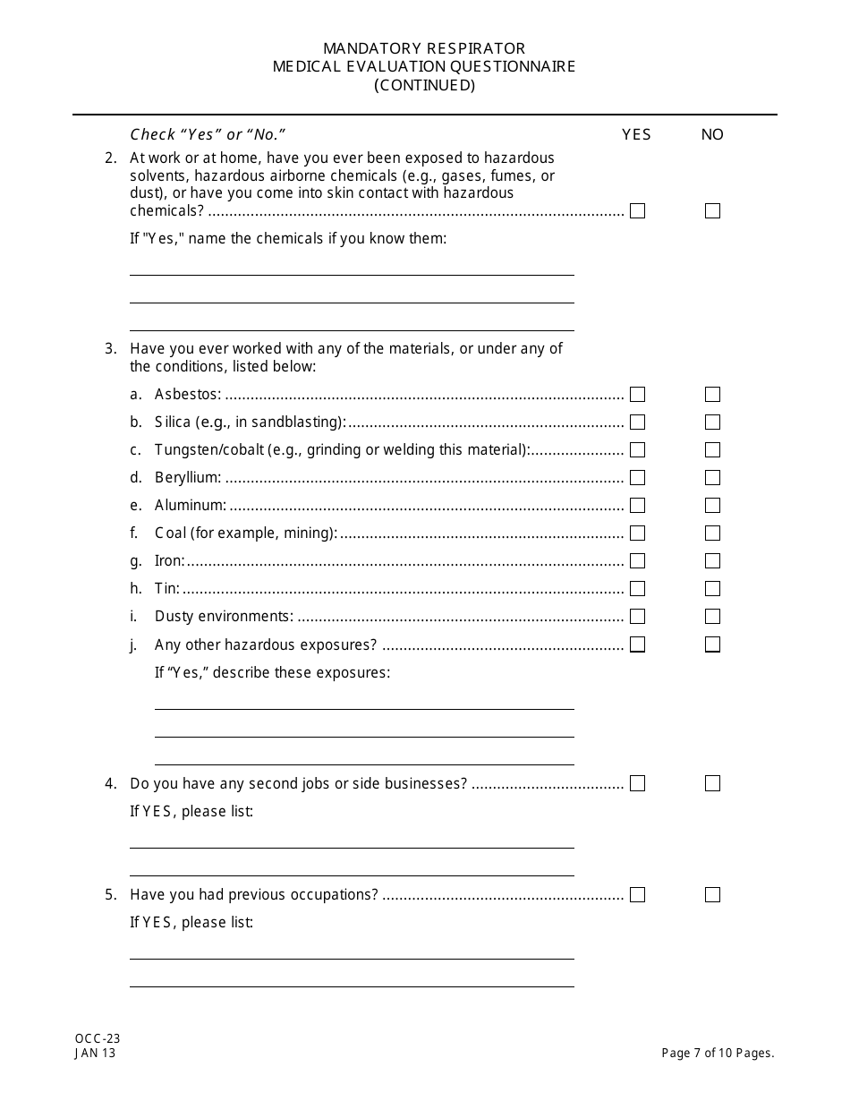 Form OCC-23 Peosh Mandatory Respirator Medical Evaluation Questionnaire - New Jersey, Page 7