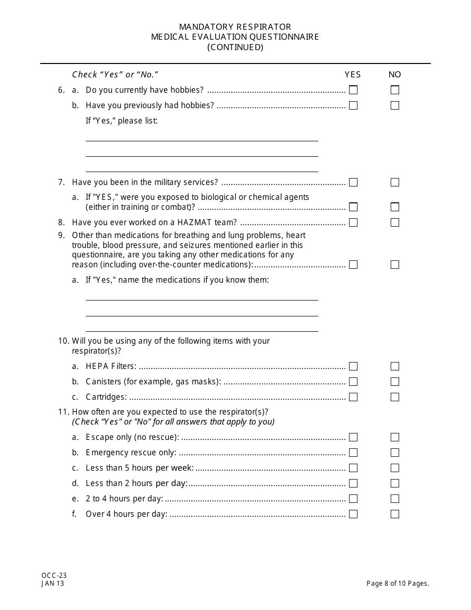 Form OCC-23 Peosh Mandatory Respirator Medical Evaluation Questionnaire - New Jersey, Page 8