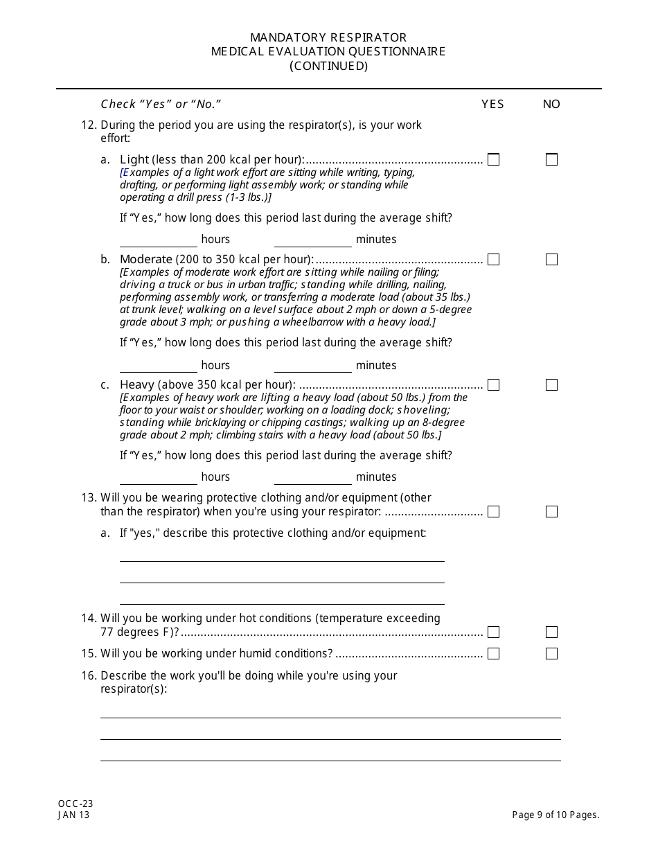 Form OCC-23 Peosh Mandatory Respirator Medical Evaluation Questionnaire - New Jersey, Page 9