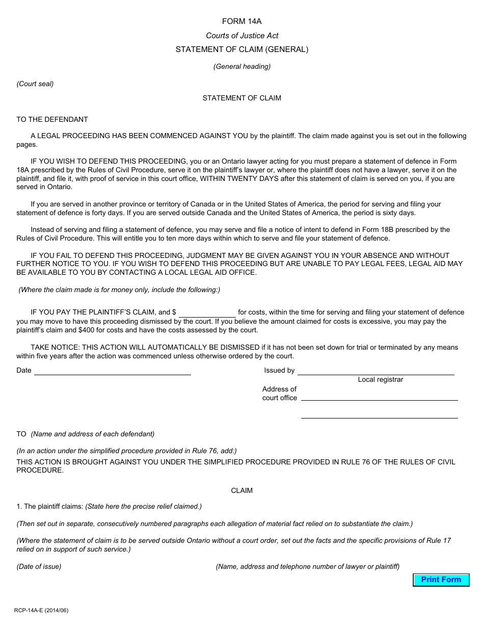 Form 14A Statement of Claim (General) - Ontario, Canada, Page 1