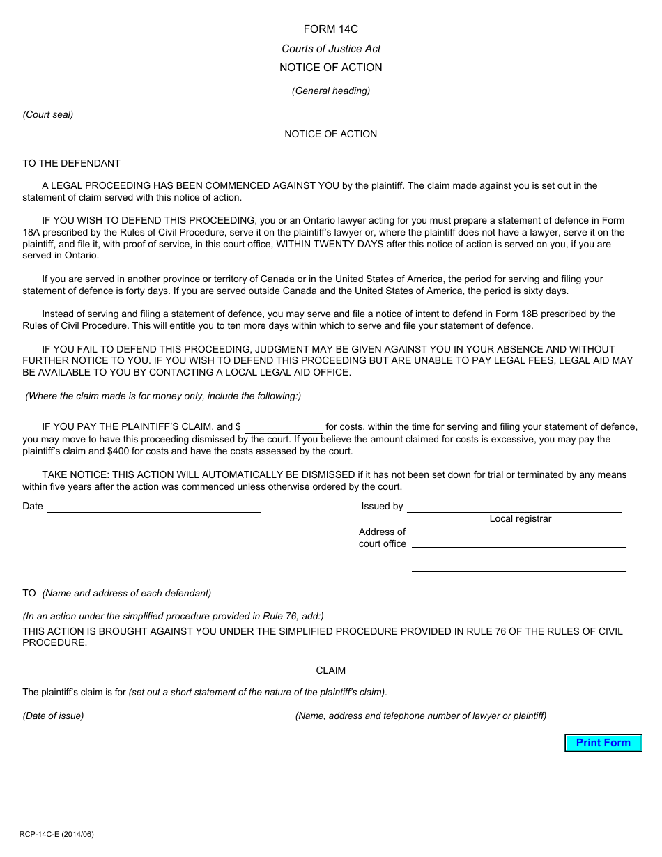 Form 14C Notice of Action - Ontario, Canada, Page 1