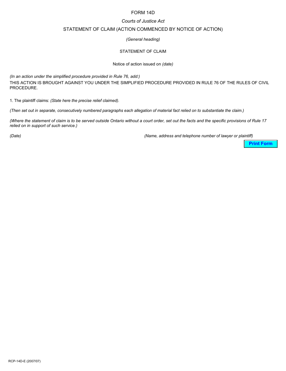 Form 14D Download Printable PDF Or Fill Online Statement Of Claim Action Commenced By Notice Of form-14d-download-printable-pdf-or-fill-online-statement-of-claim-action-commenced-by-notice-of