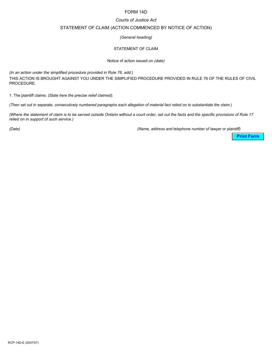 Form 14D Statement of Claim (Action Commenced by Notice of Action) - Ontario, Canada, Page 1