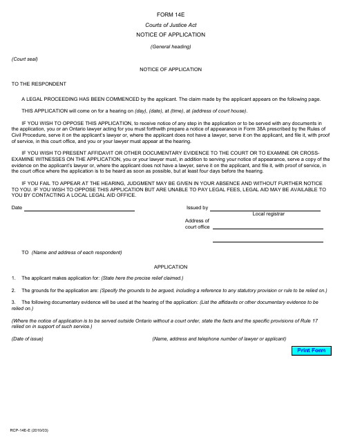 Form 14E Notice of Application - Ontario, Canada
