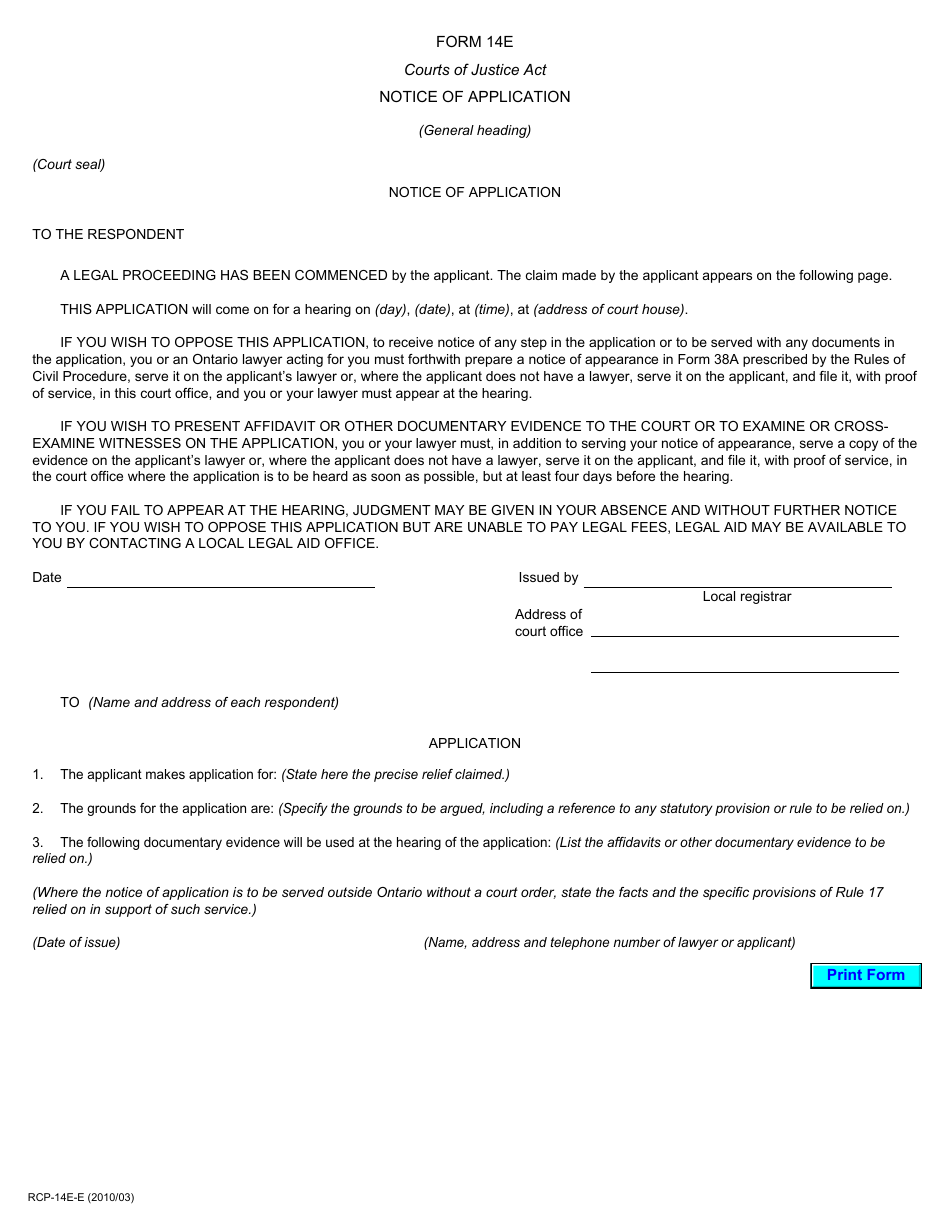 Form 14E Notice of Application - Ontario, Canada, Page 1