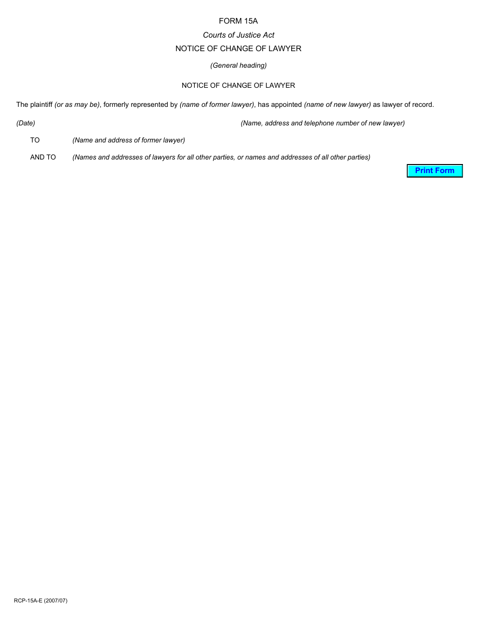 Form 15A Notice of Change of Lawyer - Ontario, Canada, Page 1
