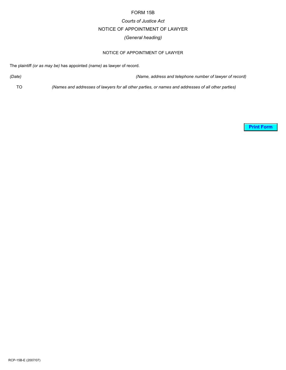 Form 15B Notice of Appointment of Lawyer - Ontario, Canada, Page 1