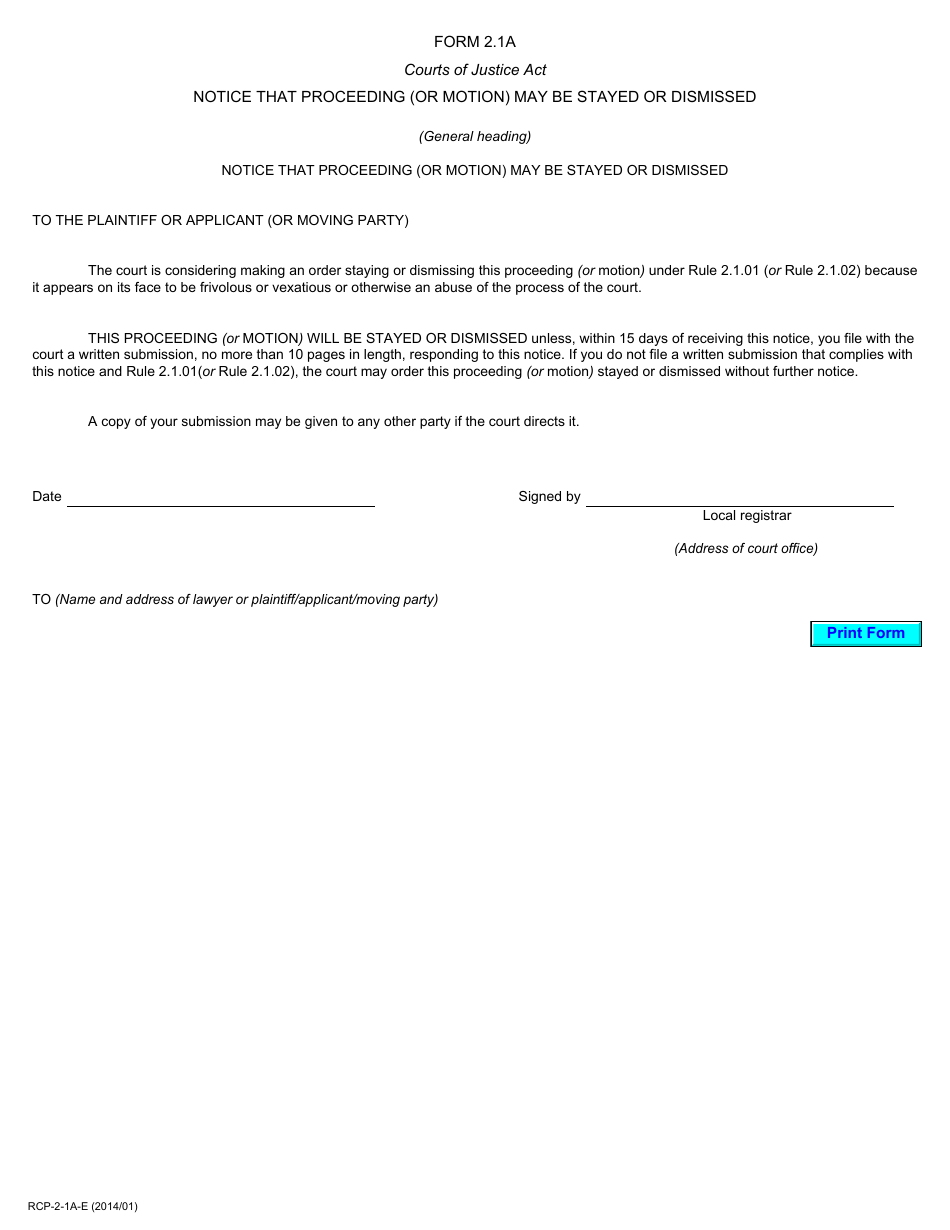 Form 2.1A Notice That Proceeding (Or Motion) May Be Stayed or Dismissed - Ontario, Canada, Page 1