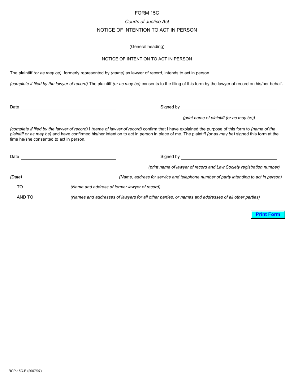 Form 15C Notice of Intention to Act in Person - Ontario, Canada, Page 1