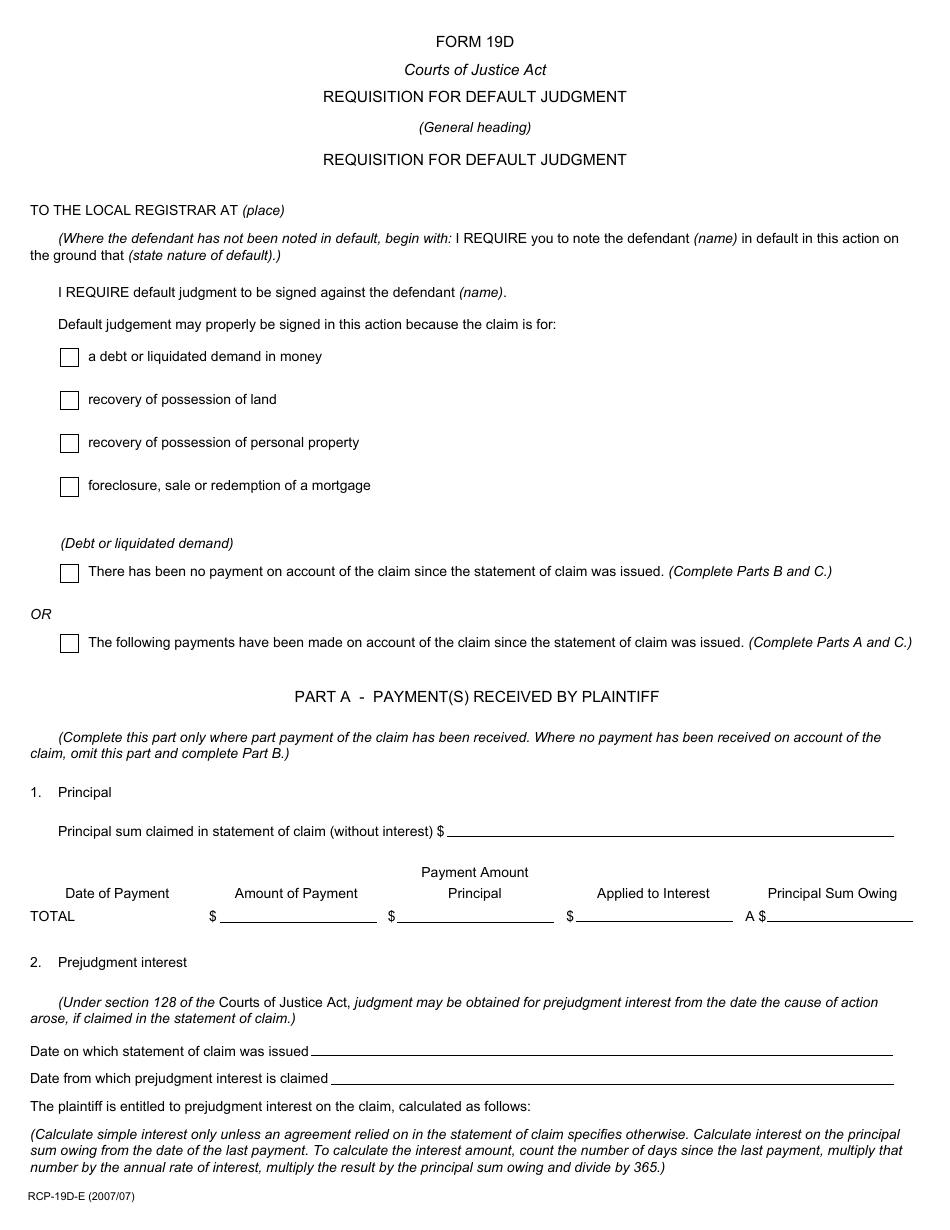 Form 19D Requisition for Default Judgment - Ontario, Canada, Page 1