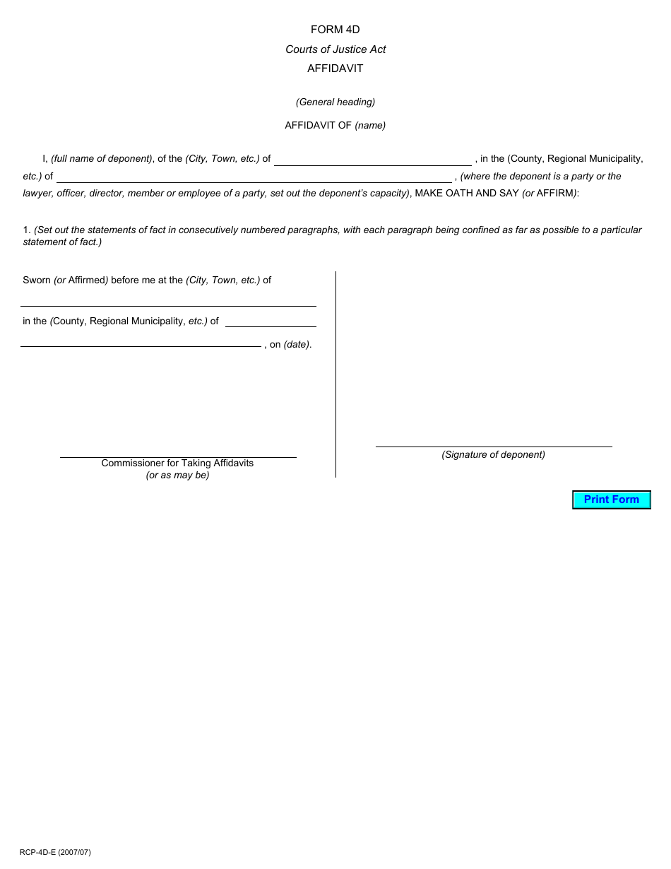 Form 4D Affidavit - Ontario, Canada, Page 1
