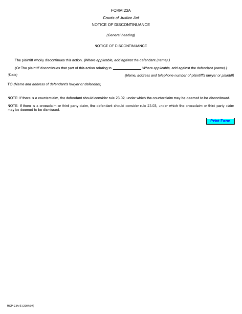 Form 23A Notice of Discontinuance - Ontario, Canada