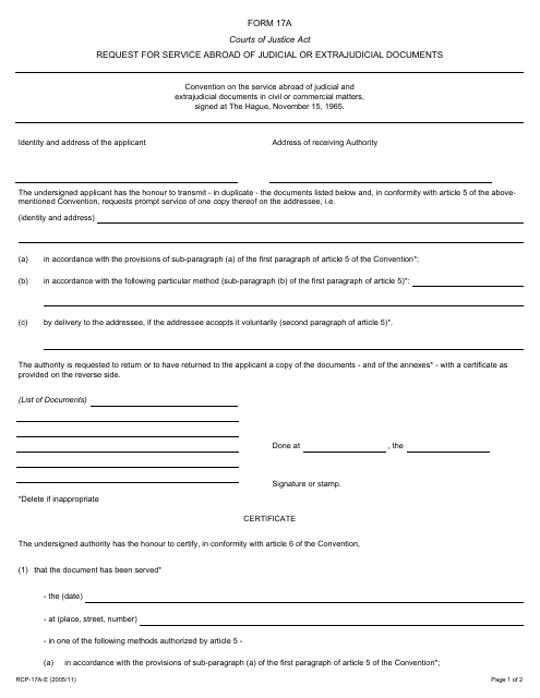 Form 17A Request for Service Abroad of Judicial or Extrajudicial Documents - Ontario, Canada