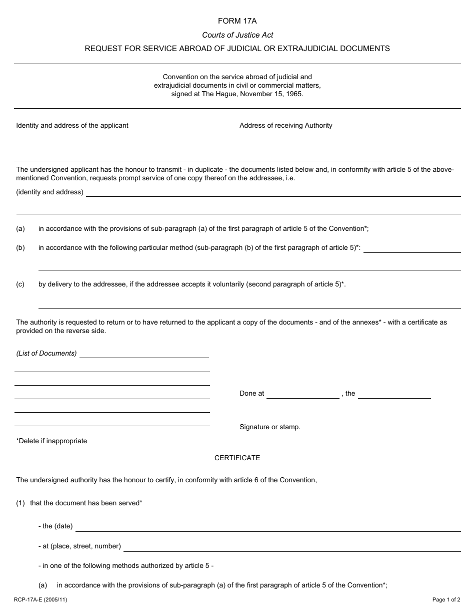Form 17A Request for Service Abroad of Judicial or Extrajudicial Documents - Ontario, Canada, Page 1