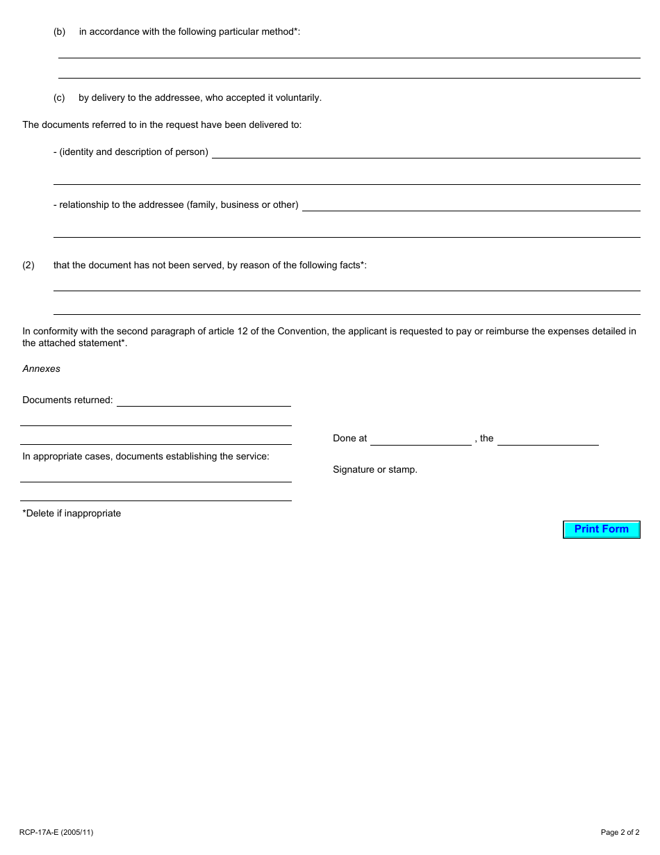 Form 17A Request for Service Abroad of Judicial or Extrajudicial Documents - Ontario, Canada, Page 2