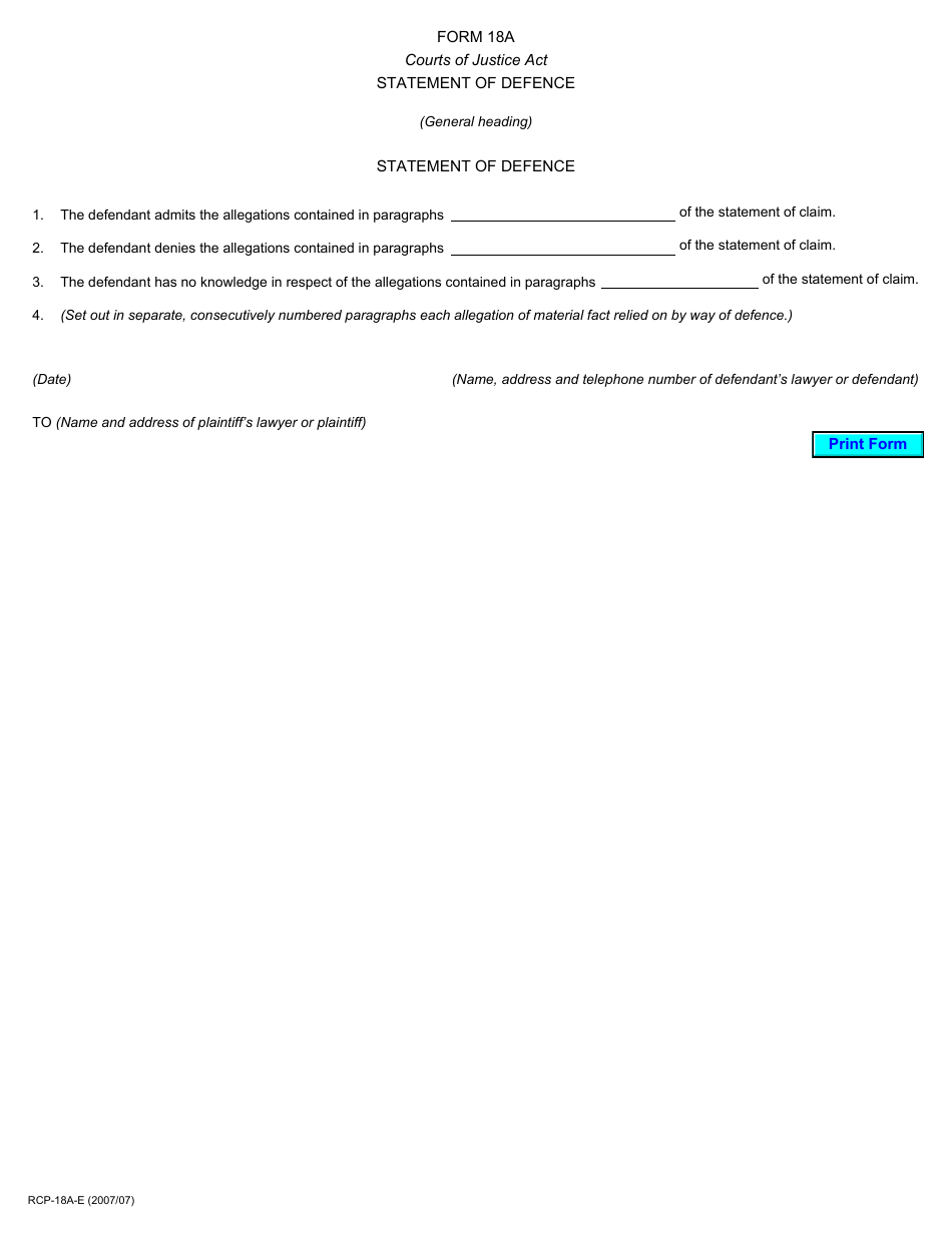 Form 18A Statement of Defence - Ontario, Canada, Page 1