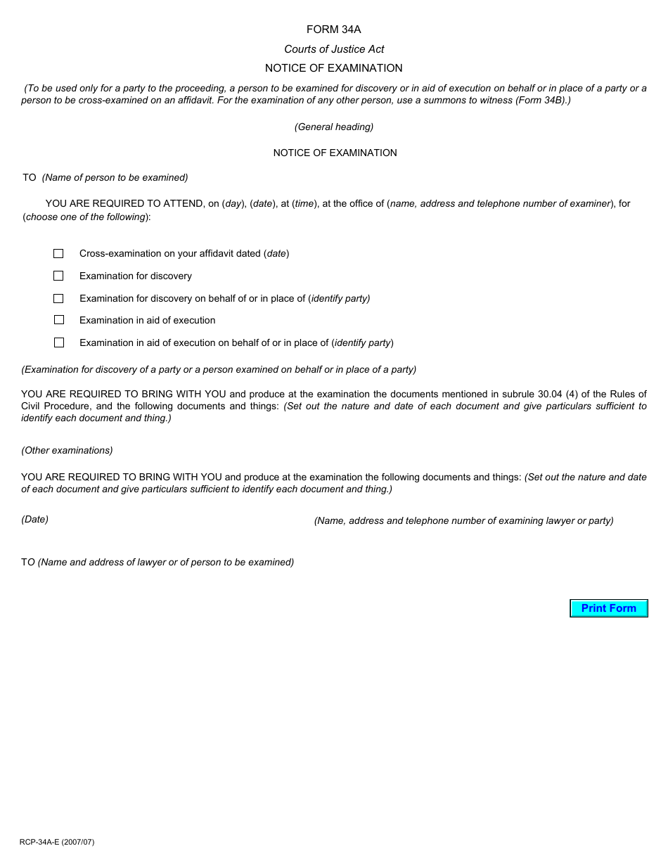 Form 34A Notice of Examination - Ontario, Canada, Page 1