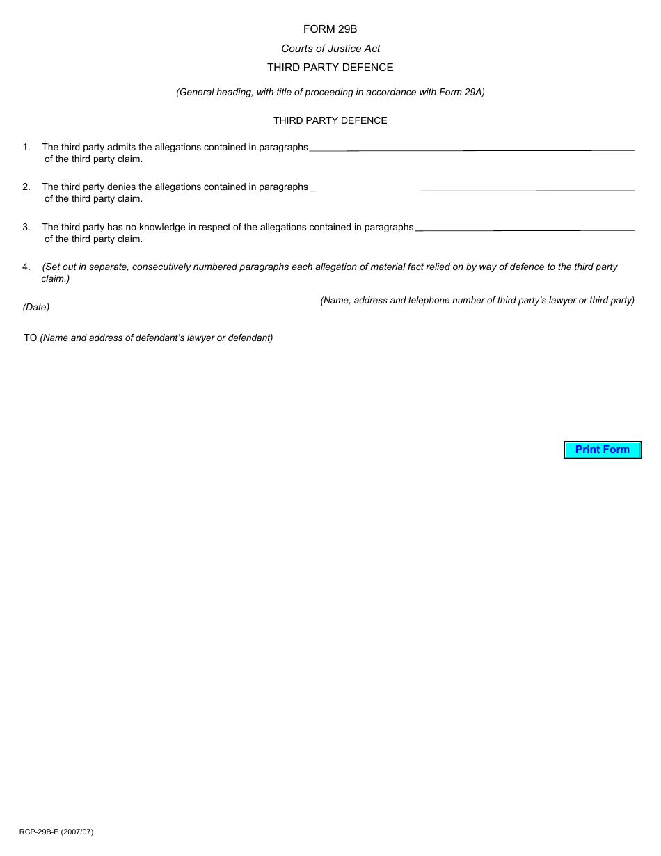 Form 29B Third Party Defence - Ontario, Canada, Page 1