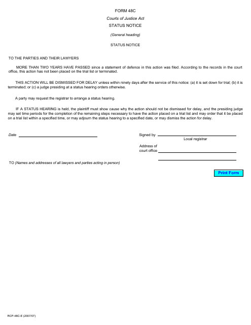Form 48C Status Notice - Ontario, Canada