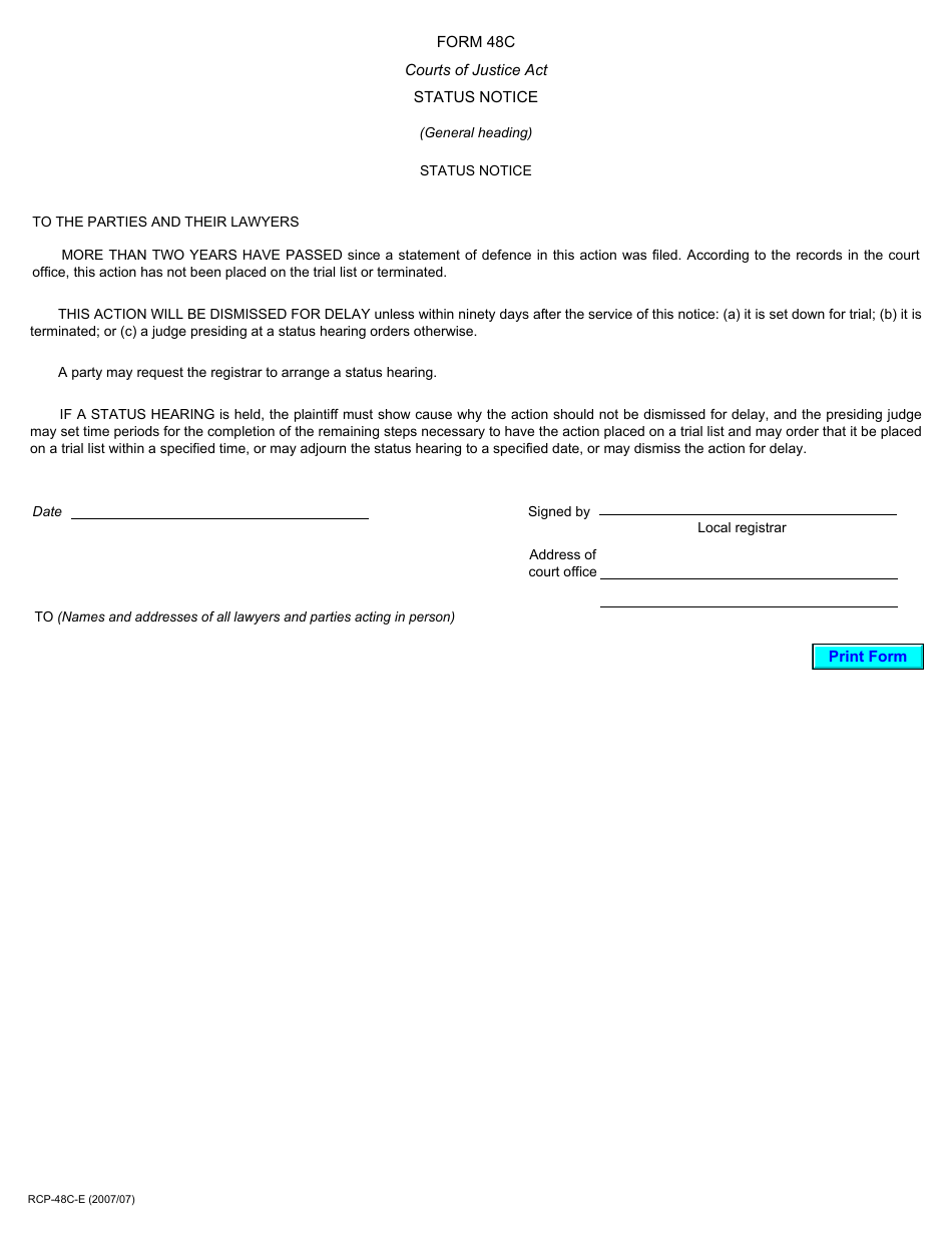 Form 48C Status Notice - Ontario, Canada, Page 1