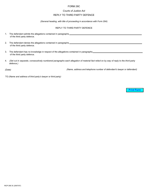 Form 29C Reply to Third Party Defence - Ontario, Canada