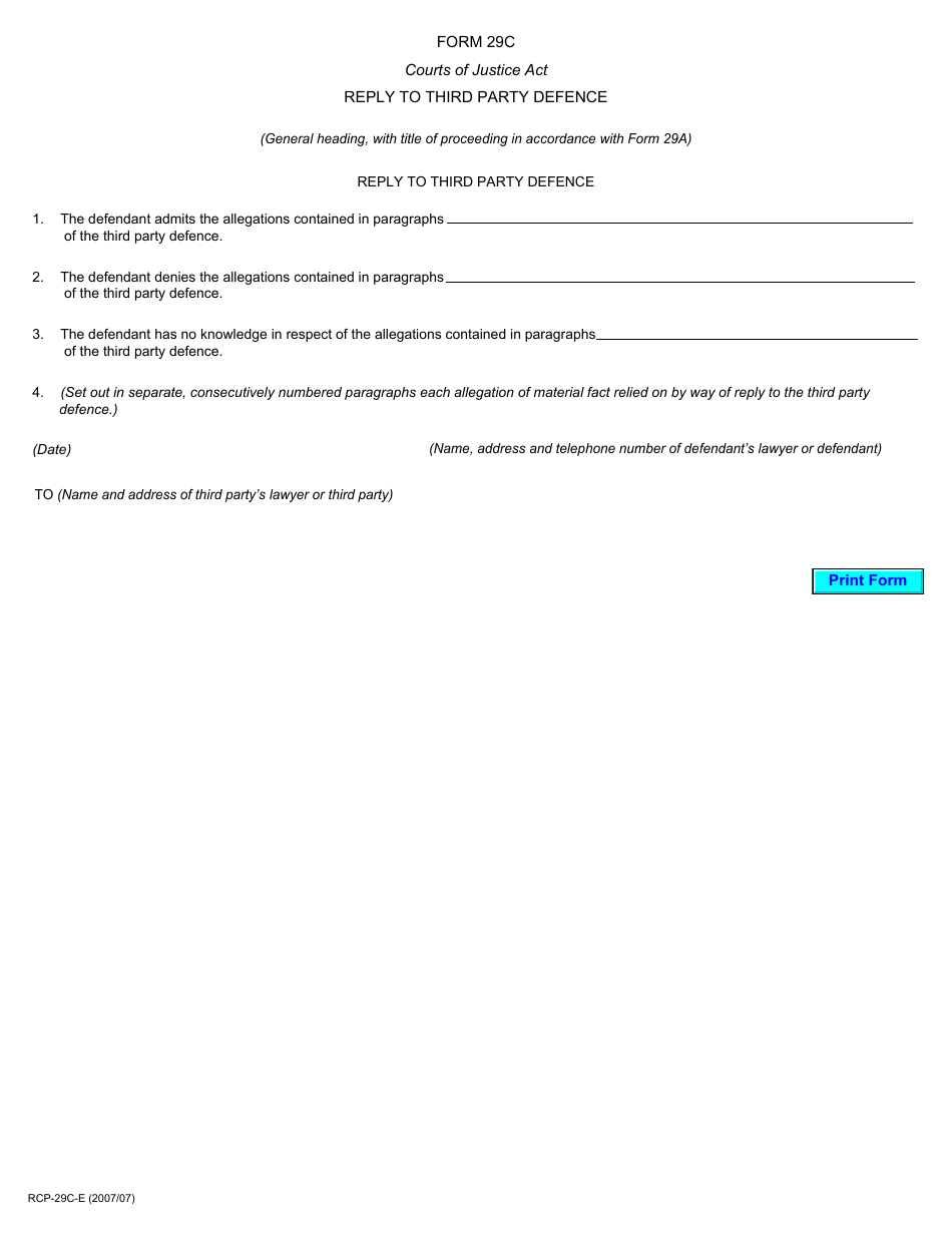 Form 29C Reply to Third Party Defence - Ontario, Canada, Page 1