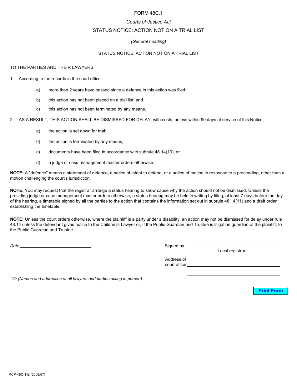 Form 48C.1 Status Notice: Action Not on a Trial List - Ontario, Canada, Page 1