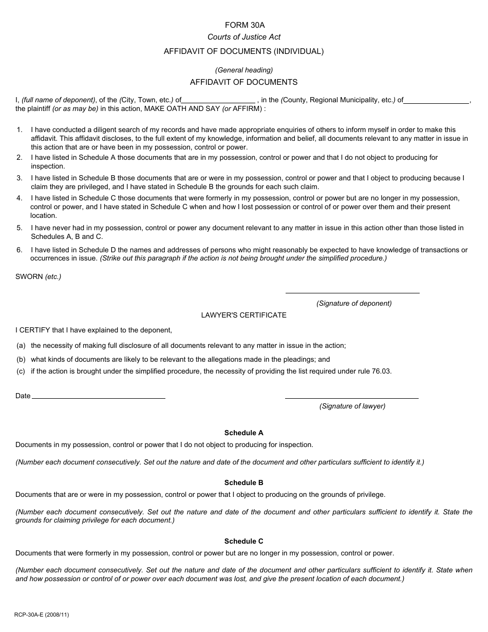 Form 30A Affidavit of Documents (Individual) - Ontario, Canada, Page 1