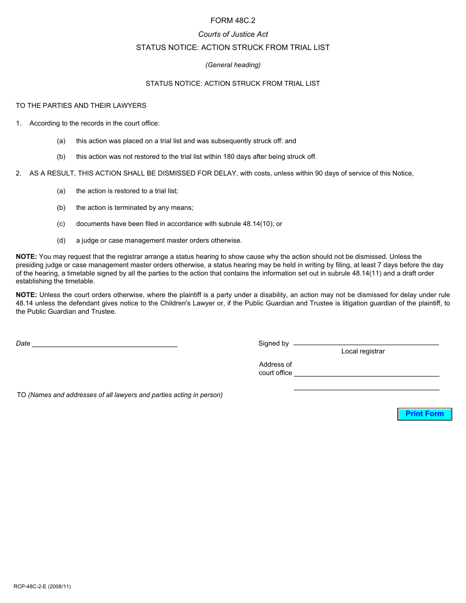 Form 48C.2 Status Notice: Action Struck From Trial List - Ontario, Canada, Page 1