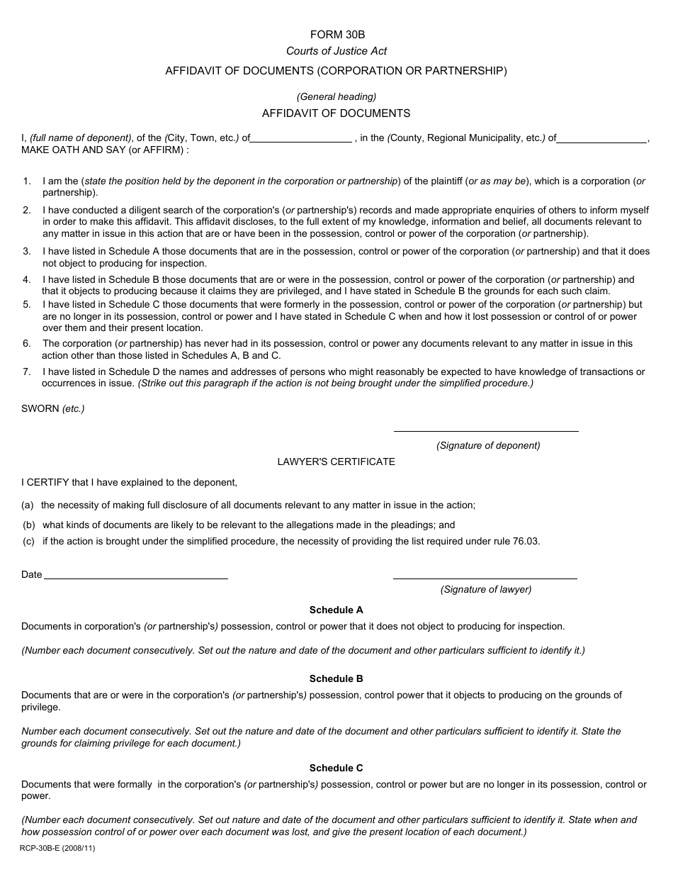 Form 30B Affidavit of Documents - Ontario, Canada, Page 1