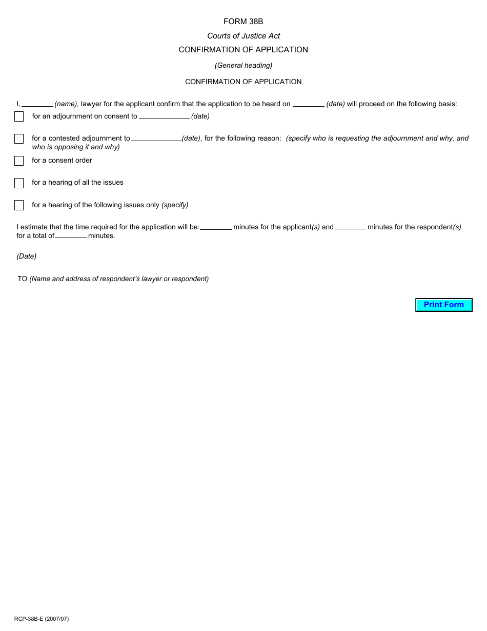 Form 38B Confirmation of Application - Ontario, Canada, Page 1