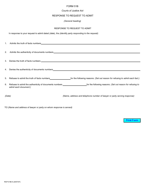 Form 51B Response to Request to Admit - Ontario, Canada