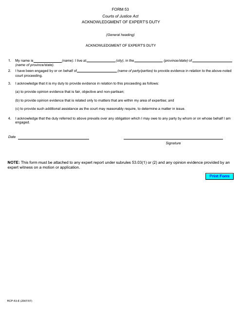 Form 53 Acknowledgment of Expert's Duty - Ontario, Canada