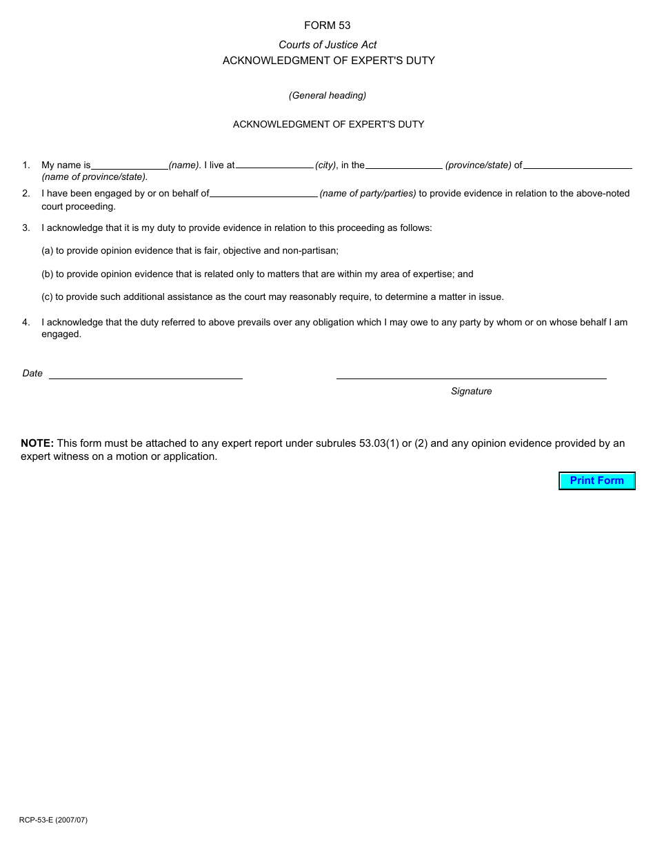 Form 53 Acknowledgment of Experts Duty - Ontario, Canada, Page 1