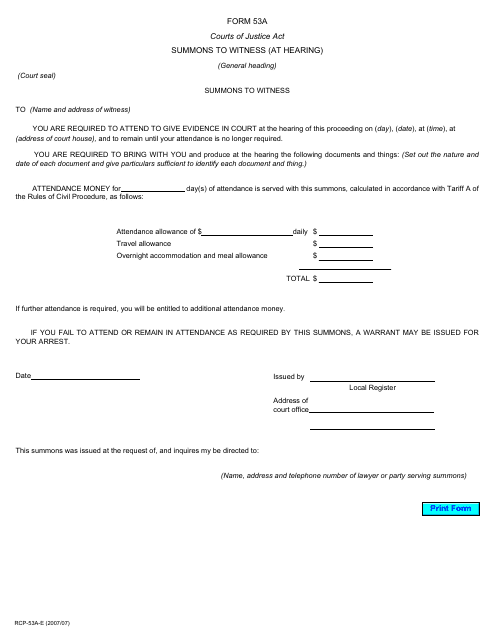 Form 53A Summons to Witness (At Hearing) - Ontario, Canada