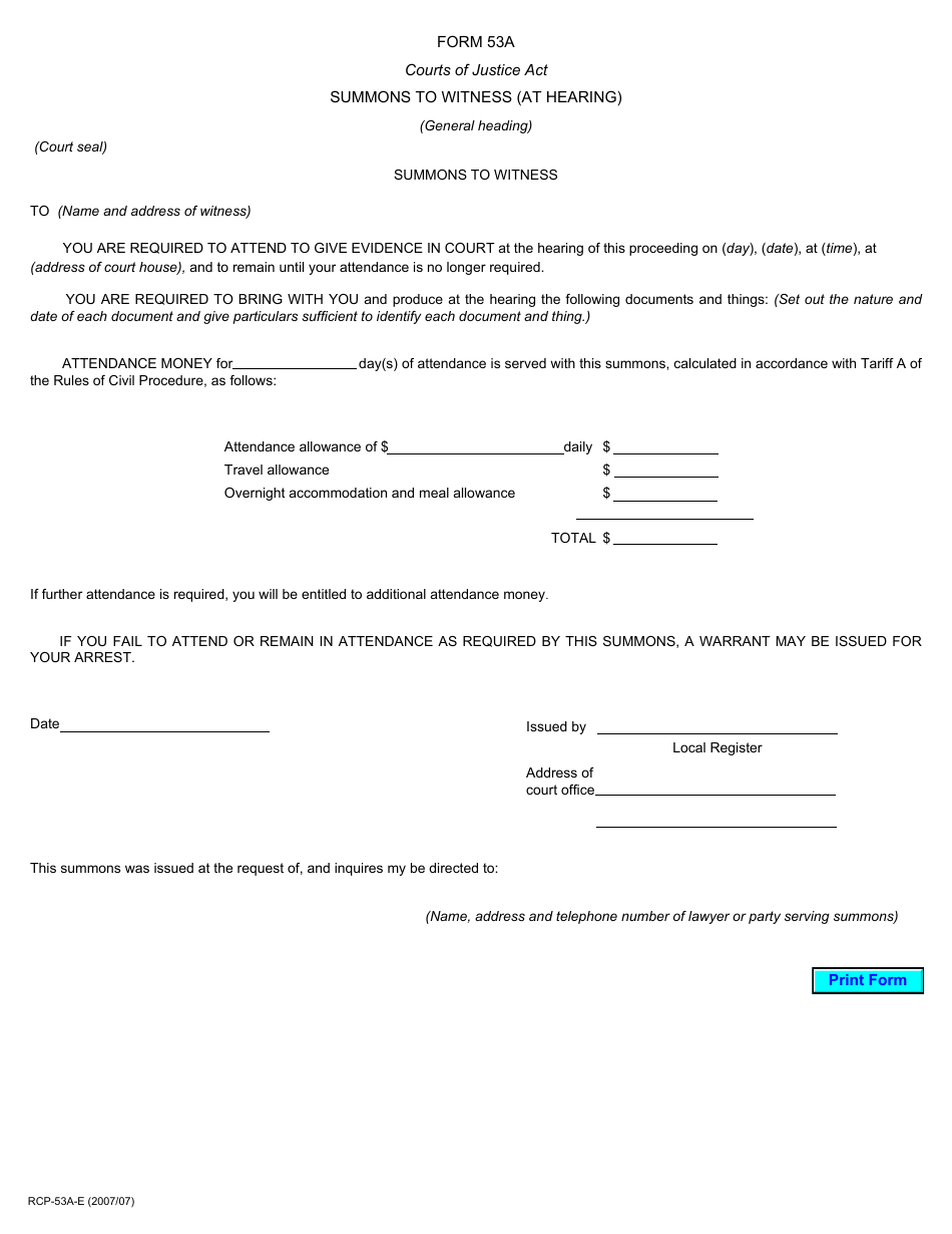 Form 53A Summons to Witness (At Hearing) - Ontario, Canada, Page 1