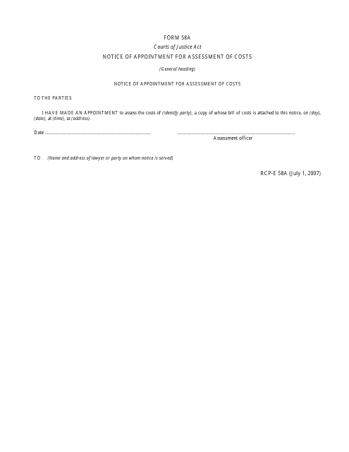 Form 58A (RCP-58A-E) Notice of Appointment for Assessment of Costs - Ontario, Canada