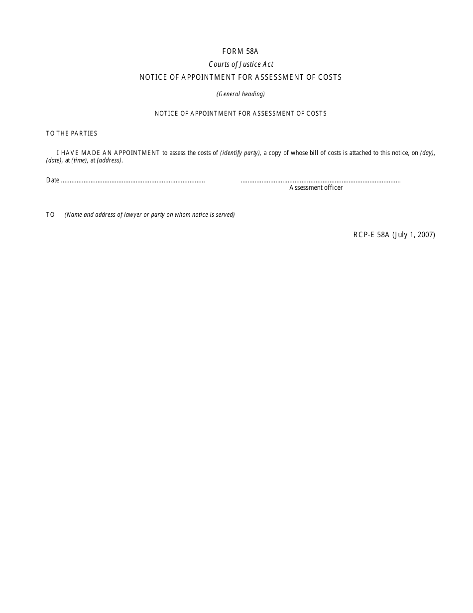 Form 58A (RCP-58A-E) Notice of Appointment for Assessment of Costs - Ontario, Canada, Page 1