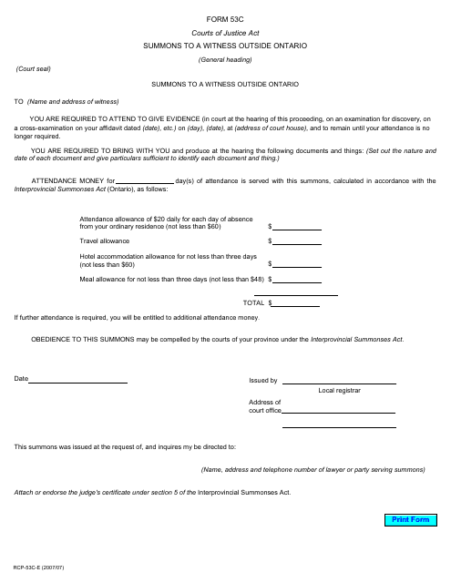 Form 53C Summons to a Witness Outside Ontario - Ontario, Canada