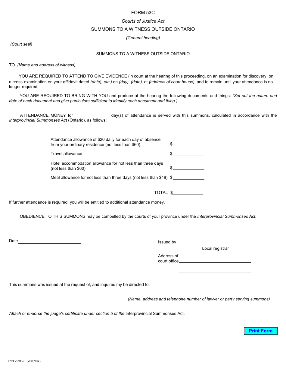 Form 53C Summons to a Witness Outside Ontario - Ontario, Canada, Page 1