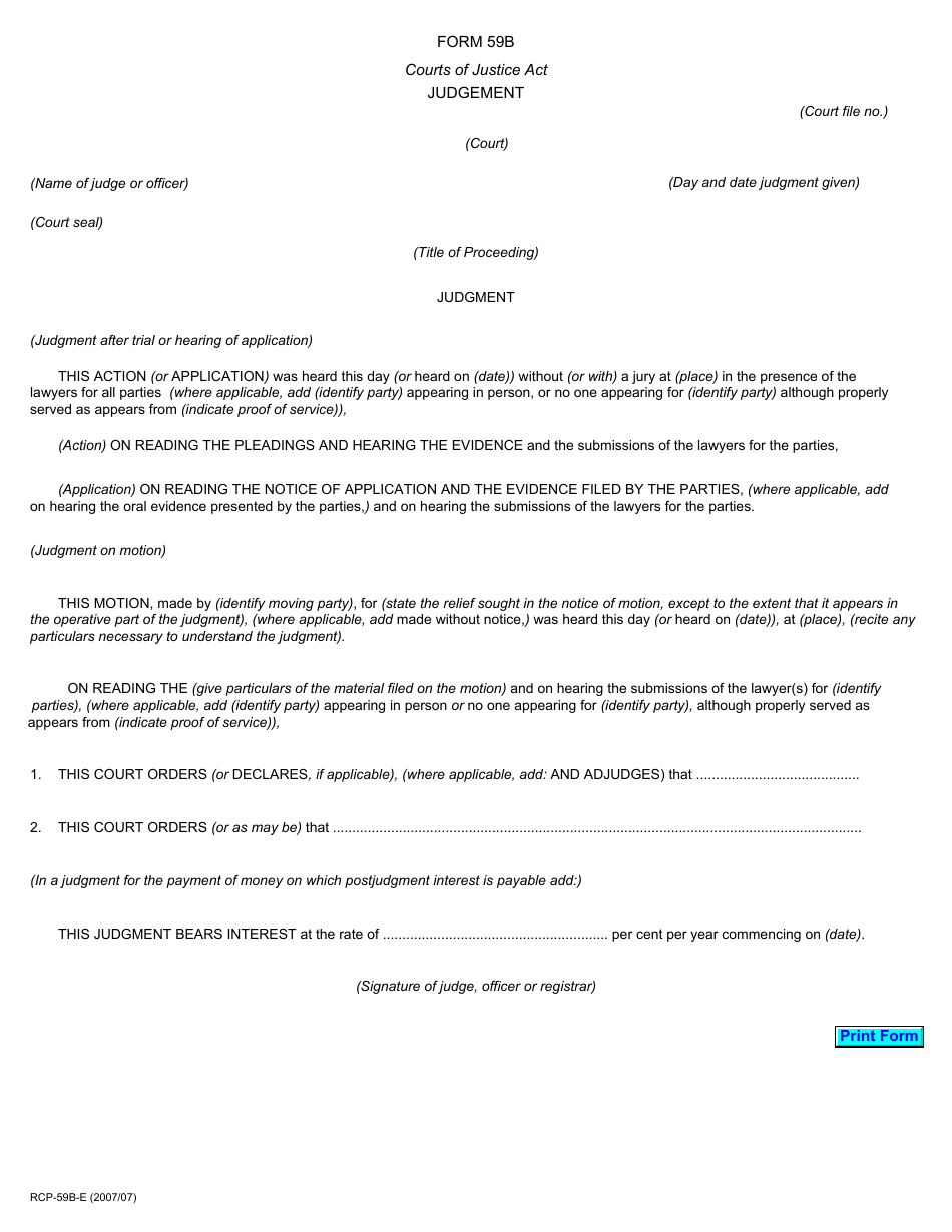 Form 59B Judgement - Ontario, Canada, Page 1