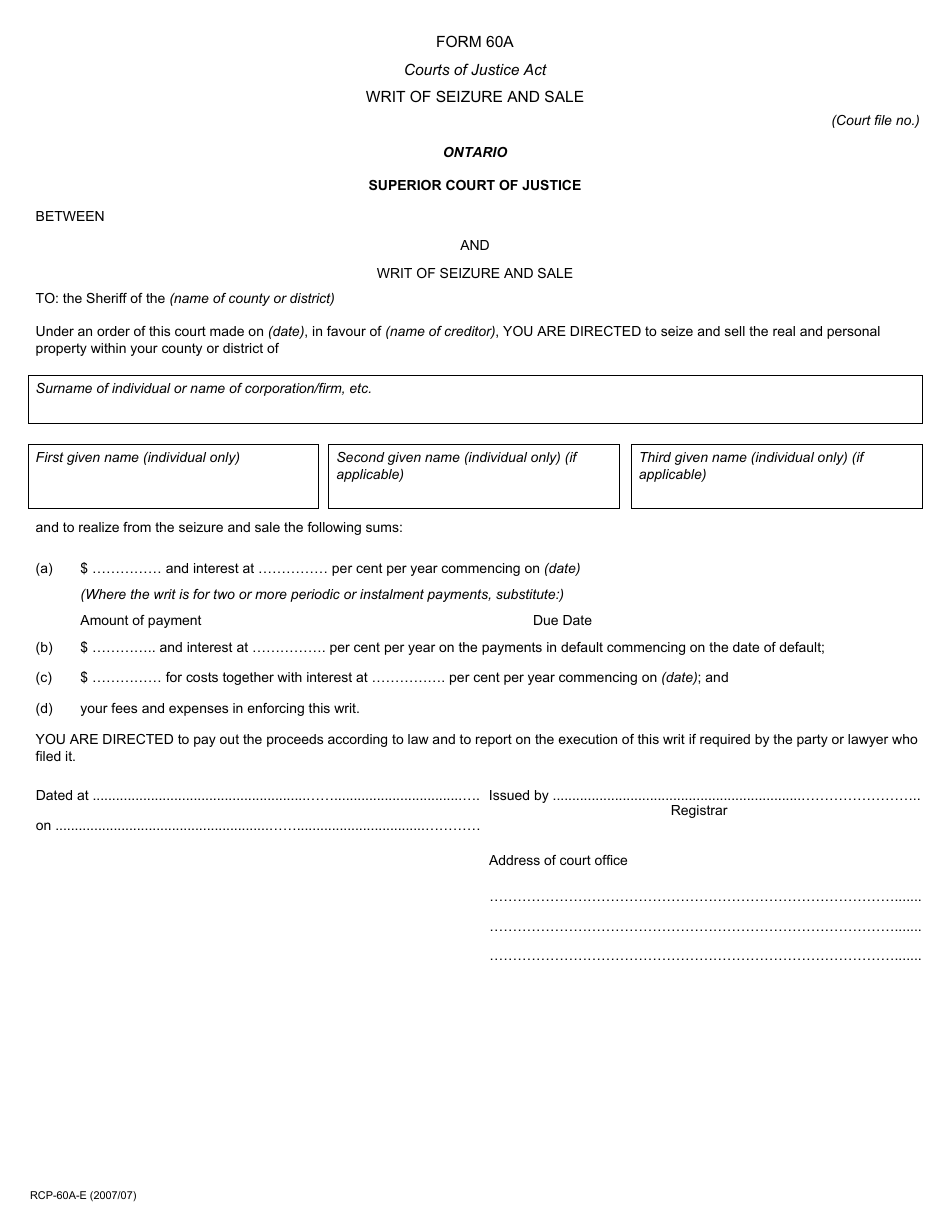 Form 60A Writ of Seizure and Sale - Ontario, Canada, Page 1