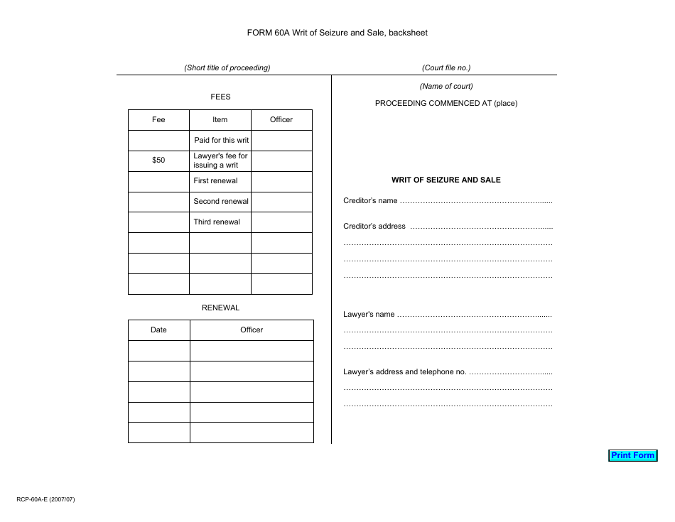 Form 60A - Fill Out, Sign Online and Download Printable PDF, Ontario ...