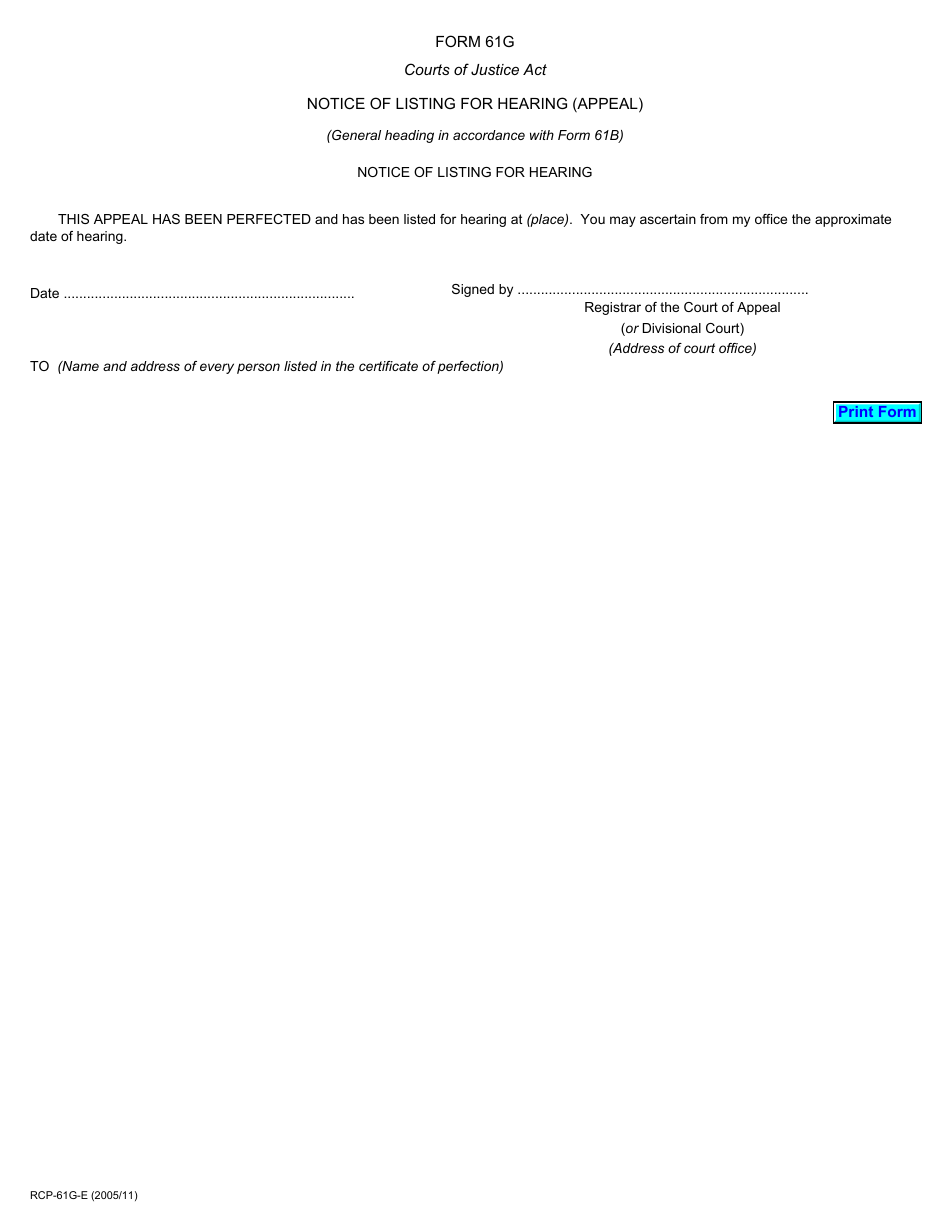 Form 61G Notice of Listing for Hearing (Appeal) - Ontario, Canada, Page 1