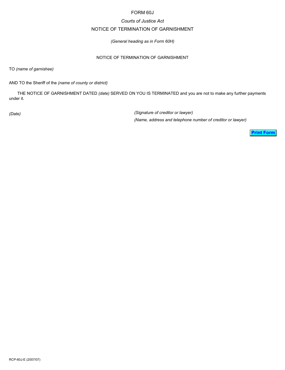 Form 60J Notice of Termination of Garnishment - Ontario, Canada, Page 1