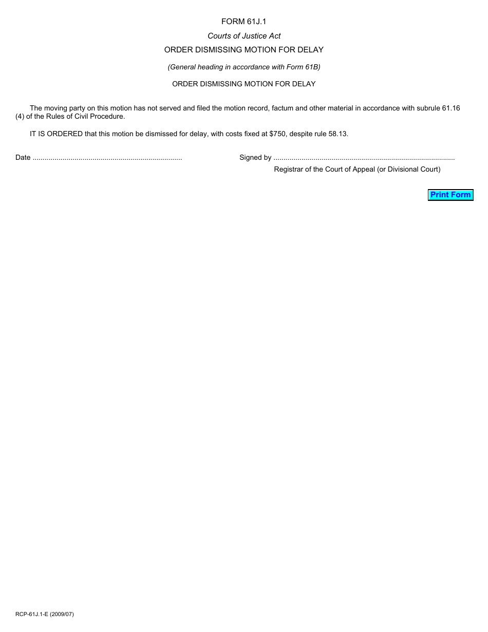 Form 61J.1 Order Dismissing Motion for Delay - Ontario, Canada, Page 1
